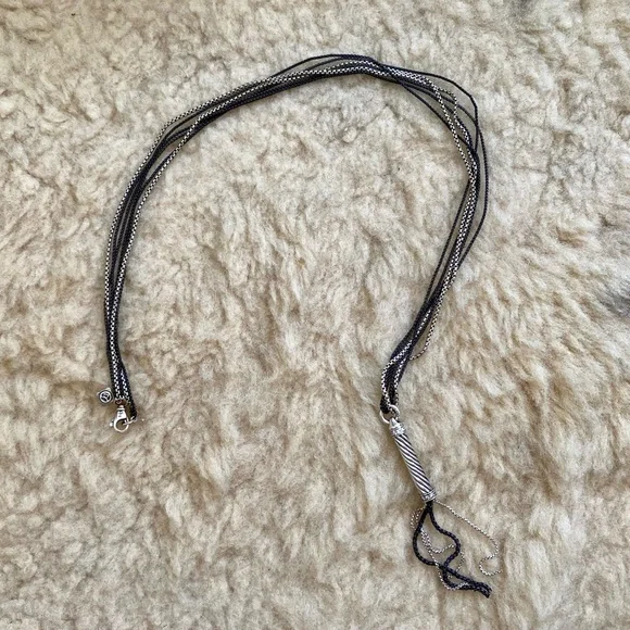 David Yurman Sterling Silver and Black Diamond Tassel Cable Chain Long Necklace - Picture 5 of 15